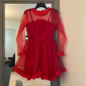 ASOS, 4, long sleeve ruffle fit & flare sheer & slip mini dress, bow tie back